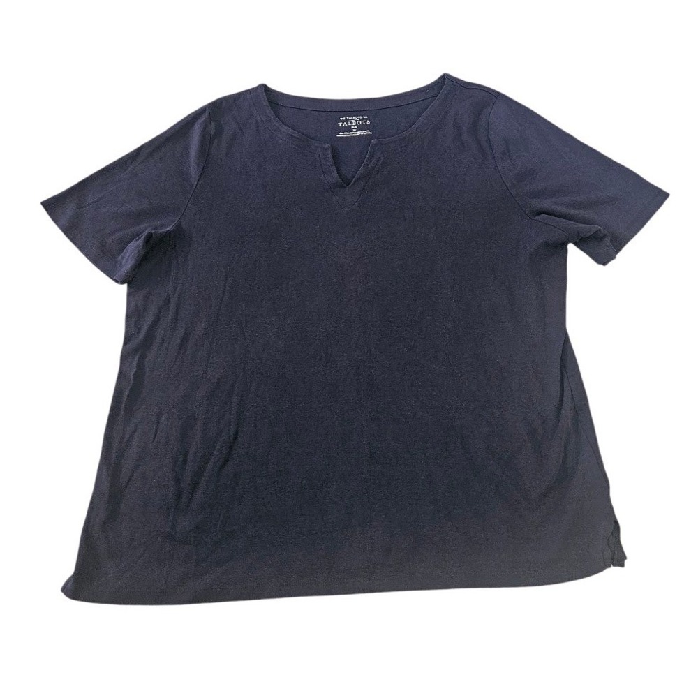 The Talbots Tee Plus 2X Navy Blue 100% Pima Cotton Split Neck Short Sleeve Top